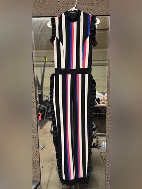 Fashion Nova Black Striped Jumpsuit with White, Red & Blue Stripes